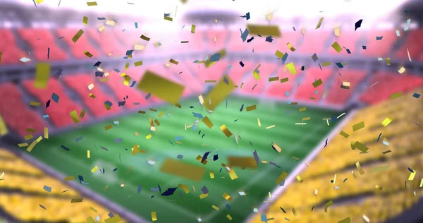 Imagem Confete Dourado Cair Sobre Estádio Futebol Conceito Futebol Copa — Fotografia de Stock