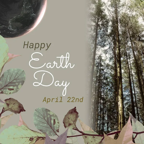 Composite Trees Growing Forest Globe Dry Leaves Happy Earth Day — Stok fotoğraf