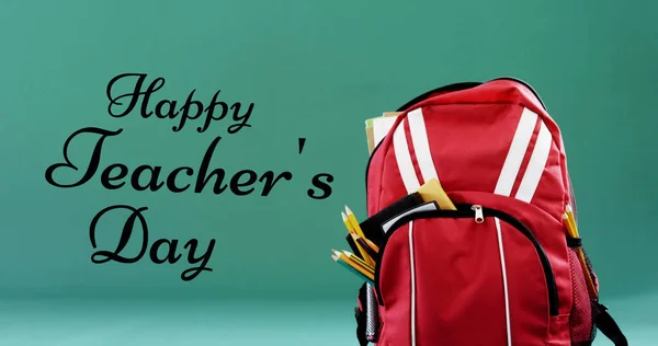 Image of happy teachers day text over school bag. school, education and study concept digitally generated image.