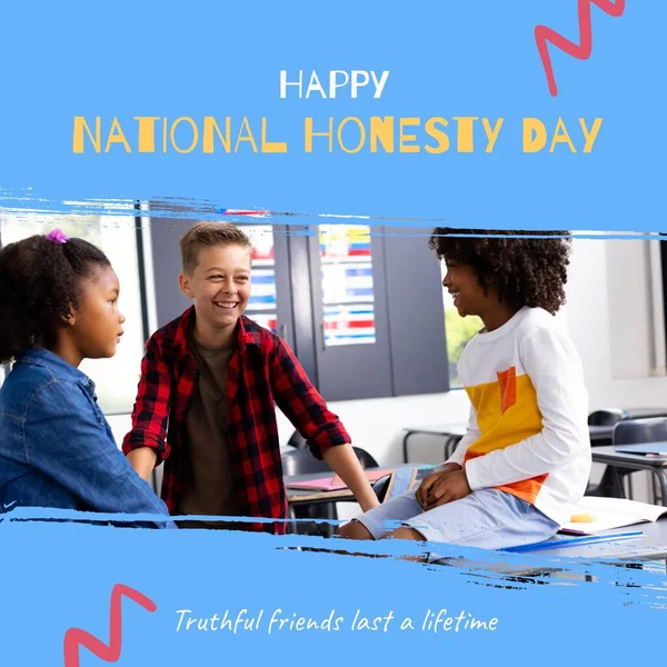 Composite Happy National Honesty Day Text Happy Diverse Children Talking — Stock Photo, Image