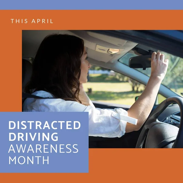 Composition of distracted driving awareness month text over caucasian woman driving car. Distracted driving awareness month concept digitally generated image.