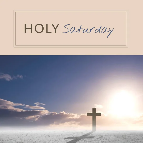 Composite Silhouette Cross Land Bright Sun Holy Saturday Text Copy — Stock Photo, Image