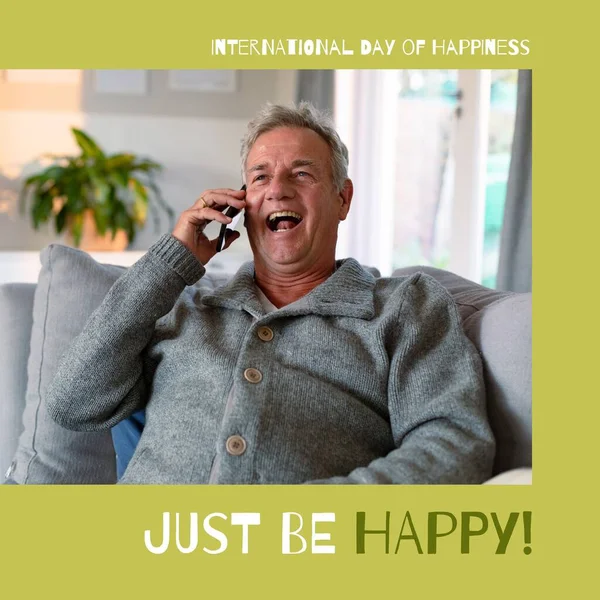 Image International Day Happiness Text Happy Senior Caucasian Man Talking — Stock Photo, Image