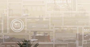 Şehir manzarasının havadan görüntüsüne karşı veri işleme arayüzünün animasyonu. Bilgisayar arayüzü ve iş teknolojisi kavramı