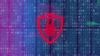 Mor gradyan arka planda güvenlik kilidi simgesi ve ikili kodlama veri işleme animasyonu. Siber güvenlik ve iş teknolojisi kavramı