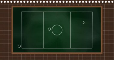 Kare çizgili kahverengi zemine karşı yeşil karatahta üzerine çizilmiş futbol oyunu stratejisinin animasyonu. Spor turnuvası ve yarışma konsepti