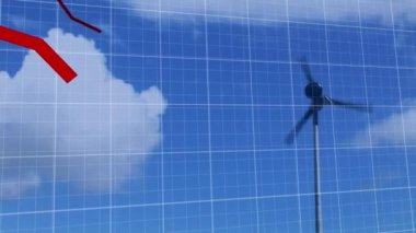 Bulutlu gökyüzüne karşı dönen yel değirmeninin üzerine düşen kırmızı grafiklerin animasyonu. Dijital bileşik, çoklu pozlama, rapor, iş, kayıp, sürdürülebilir ve yeşil enerji kavramı.
