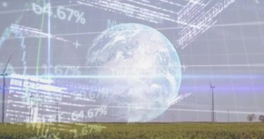 Çayırlarda dönen yel değirmenlerine karşı dünya çapında işlenen borsa verilerinin animasyonu. Küresel ekonomi ve yenilenebilir enerji teknolojisi kavramı