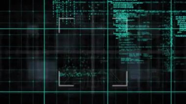 Şebeke ağının animasyonu ve kara arkaplan ile veri işleme üzerinde tarama. Bilgisayar arayüzü ve iş teknolojisi kavramı