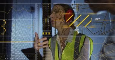 Animation of interface with data processing over caucasian female engineer working at server room. Computer interface and business data storage technology concept