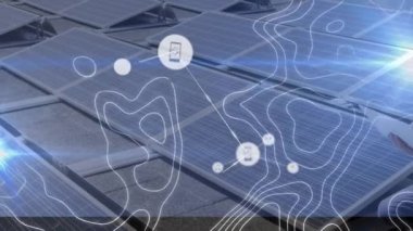 Çatıya güneş panelleri kuran Kafkas erkek işçi üzerindeki dijital simge ağının animasyonu. Küresel ağ ve yenilenebilir enerji teknolojisi kavramı