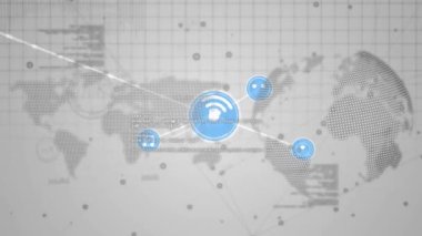 Dönen dünya ve gri arkaplanda dünya haritası üzerinde dijital simge ağının animasyonu. Küresel ağ ve iş teknolojisi kavramı