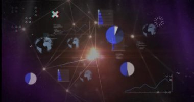 Parlayan bağlantı ağına karşı soyut şekillerin animasyonu ve istatistiksel veri işleme. Küresel ağ ve iş veri teknolojisi kavramı