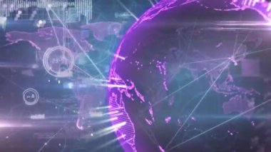 Dönen dünya üzerindeki ışık izlerinin animasyonu bağlantı ve veri işleme ağına karşı. Küresel ağ ve iş teknolojisi kavramı