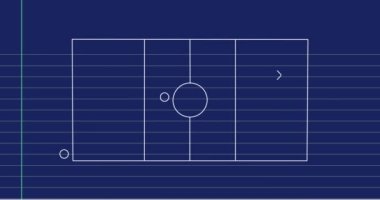Mavi çizgili kağıt arkaplana karşı futbol strateji planının animasyonu. Spor turnuvası ve yarışma konsepti