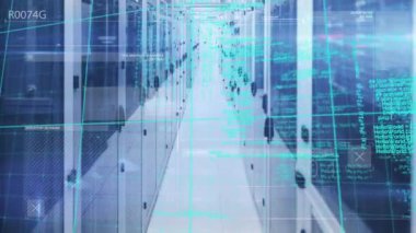 Bilgisayar sunucu odasındaki şebeke üzerinden veri işleme animasyonu. Bilgisayar arayüzü ve iş veri depolama teknolojisi kavramı