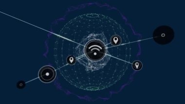 Mavi arkaplanda küre oluşturan noktaların üzerindeki çizgilerle bağlantılı işaret ve kablosuz ağ simgelerinin canlandırılması. Dijital olarak üretilmiş, hologram, iletişim, küreselleşme, illüstrasyon ve teknoloji kavramı.