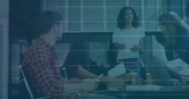 Animation of data processing over diverse business people working in office. Global business, finances, computing and data processing concept digitally generated video.