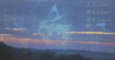 Günbatımı gökyüzü ve ormanın gökyüzü ve hava manzarası üzerinde hareket eden pleksus ağlarının ve veri işlemesinin animasyonu. Bilgisayar arayüzü ve iş veri teknolojisi kavramı