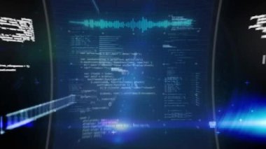 Siyah arkaplanda veri işleme özelliği olan 6 G metin afişi, mavi ışık noktaları ve ekranların animasyonu. Bilgisayar arayüzü ve iş teknolojisi kavramı