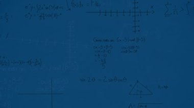 Mavi zemin üzerinde yüzen matematiksel denklemlerin ve diyagramların animasyonu. Okul ve eğitim teknolojisi kavramı