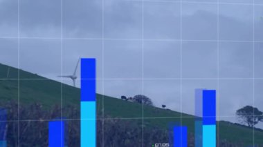 Değişen sayılarla birden fazla grafiğin animasyonu ve yeşil arazideki yel değirmenlerinin haritası. Dijital bileşik, çoklu pozlama, rapor, iş, büyüme, küresel, yeşil ve sürdürülebilir enerji.