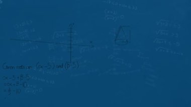 Mavi zemin üzerinde yüzen matematiksel denklemlerin ve diyagramların animasyonu. Okul eğitimi ve bilim konsepti