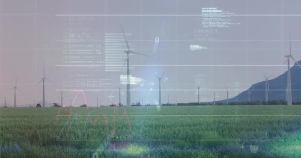 草原上旋转风车的统计数据处理和二进制编码动画 商业数据和可再生能源技术概念 — 图库视频影像