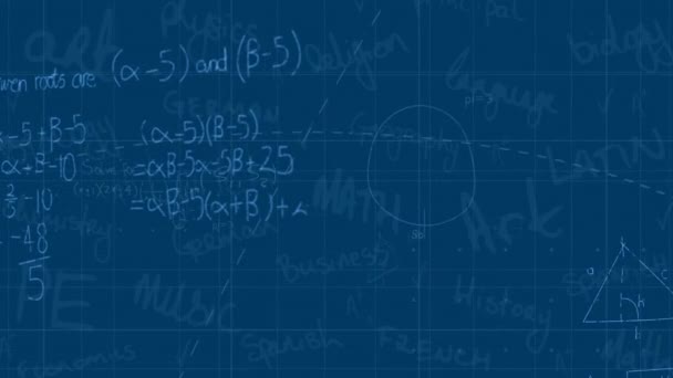 在蓝色背景下在网格网络上漂浮的数学方程和图表的动画 学校和教育概念 — 图库视频影像