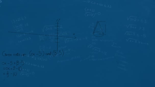 Animering Matematiska Ekvationer Och Diagram Som Flyter Mot Blå Bakgrund — Stockvideo