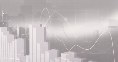 Şehir manzarası üzerinde finansal veri işleme resmi. Küresel iş, finans ve dijital arayüz kavramı dijital olarak oluşturulmuş görüntü.