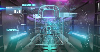 Tünelin ve dijital arayüzün üzerindeki asma kilit görüntüsü. Küresel internet güvenliği, veri işleme, bağlantılar ve dijital arayüz konsepti dijital olarak oluşturuldu.