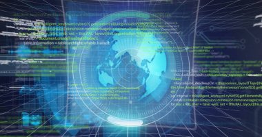 Kapsam taraması ve bağlantı ağı üzerinden veri işleme ve küresinin resmi. Küresel iş ve dijital arayüz kavramı dijital olarak oluşturulmuş görüntü.