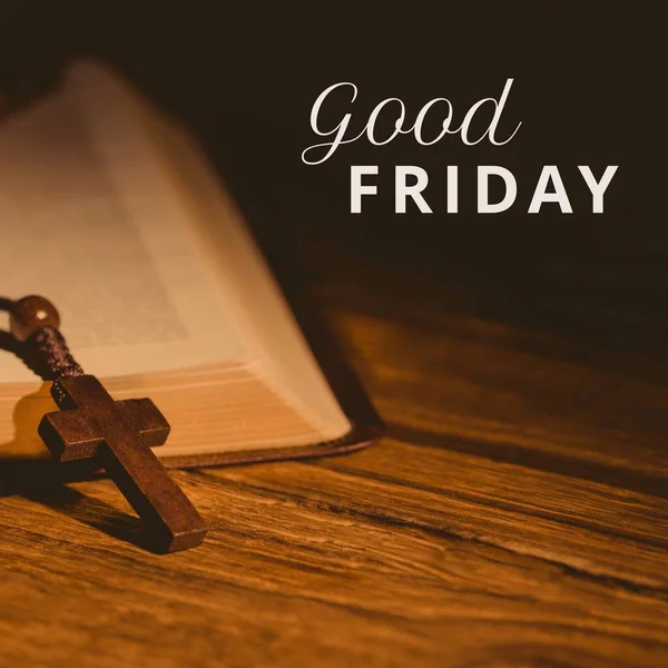 Image of good friday text over rosary with cross and bible. Good friday, faith and celebration concept digitally generated image.
