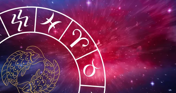 Sammansättning Zodiac Hjul Med Pisces Stjärna Tecken Över Stjärnor Astrologi — Stockfoto