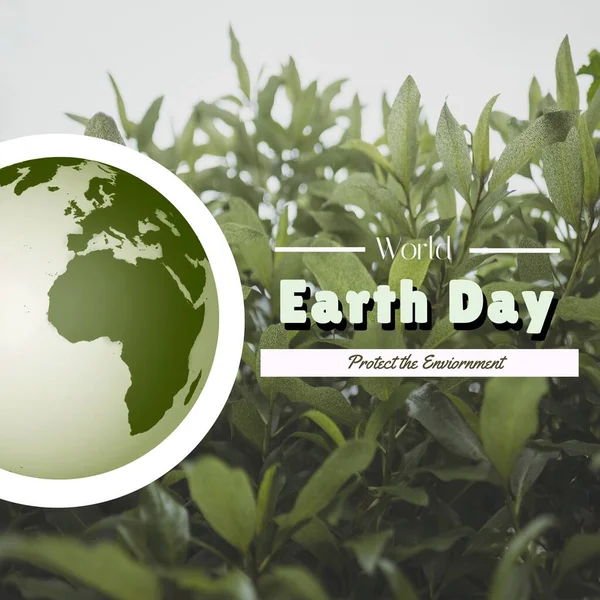 Image of world earth day text over globe and plants. World earth day and celebration concept digitally generated image.