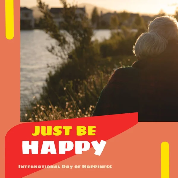 Image International Day Happiness Text Senior Couple Embracing International Day — Stock Photo, Image