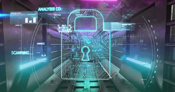 Afbeelding Van Beveiligingshangslot Tunnel Digitale Interface Wereldwijde Internetbeveiliging Gegevensverwerking Verbindingen — Stockfoto