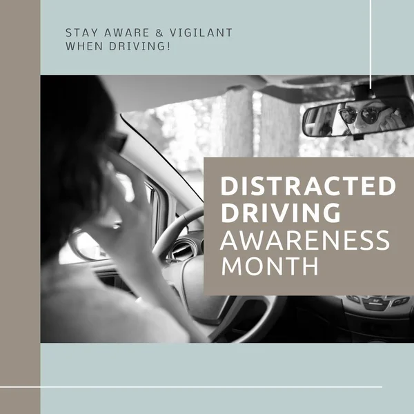 Composition of distracted driving awareness month text over caucasian woman with smartphone in car. Distracted driving awareness month and celebration concept digitally generated image.