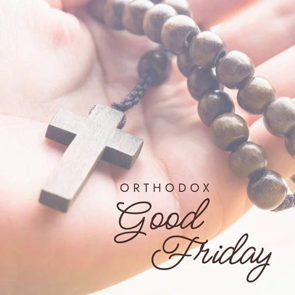 Composite Orthodox Good Friday Text Caucasian Hand Rosary Beads Copy — Stock Photo, Image