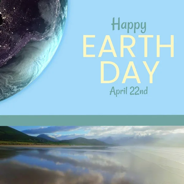 Composite Scenic View Lake Mountain Happy Earth Day April Text — Stok fotoğraf