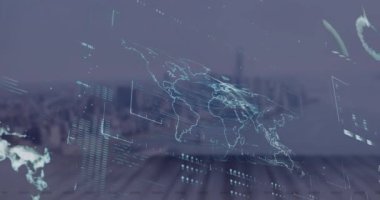 Şehir manzarasının havadan görüntüsüne karşı veri işleme arayüzünün animasyonu. Bilgisayar arayüzü ve iş teknolojisi kavramı