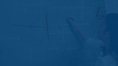 Karatahtaya yazı yazan kadın öğretmen yerine soyut şekillerin ve matematiksel denklemlerin canlandırılması. Okul ve eğitim kavramı