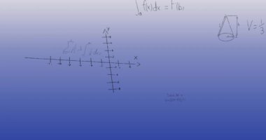 Siyah matematiksel denklemlerin animasyonu ve mavi arkaplana karşı diyagramlar. Dijital olarak üretilen hologram, denklemler, eğitim, öğrenme, illüstrasyon ve teknoloji kavramı.