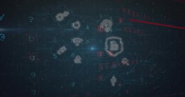 Dijital simgelerin animasyonu ve mavi ışık noktasıyla siber güvenlik veri işlemesi. Siber güvenlik ve iş arayüzü teknolojisi kavramı