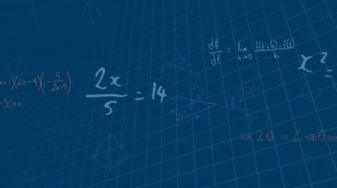 Mavi zemin üzerinde yüzen matematiksel denklemlerin ve diyagramların animasyonu. Okul ve eğitim kavramı
