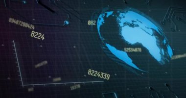 Dünya üzerinde numaraların değiştirilmesi, istatistiksel veri işleme ve mikroişlemci bağlantıları. Bilgisayar arayüzü ve iş teknolojisi kavramı