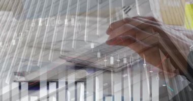 Animation of financial data processing over cityscape. Global business, finances, computing and data processing concept digitally generated video.