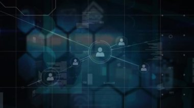 Mavi altıgen şekillere karşı profil simgeleri ve veri işleme ağının animasyonu. Küresel ağ ve iş teknolojisi kavramı