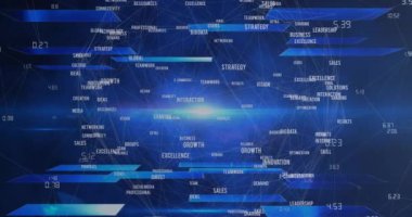 Küresel iş konsepti metinlerinin animasyonu ve mavi arka planda ışık noktası. Küresel ağ ve iş teknolojisi kavramı